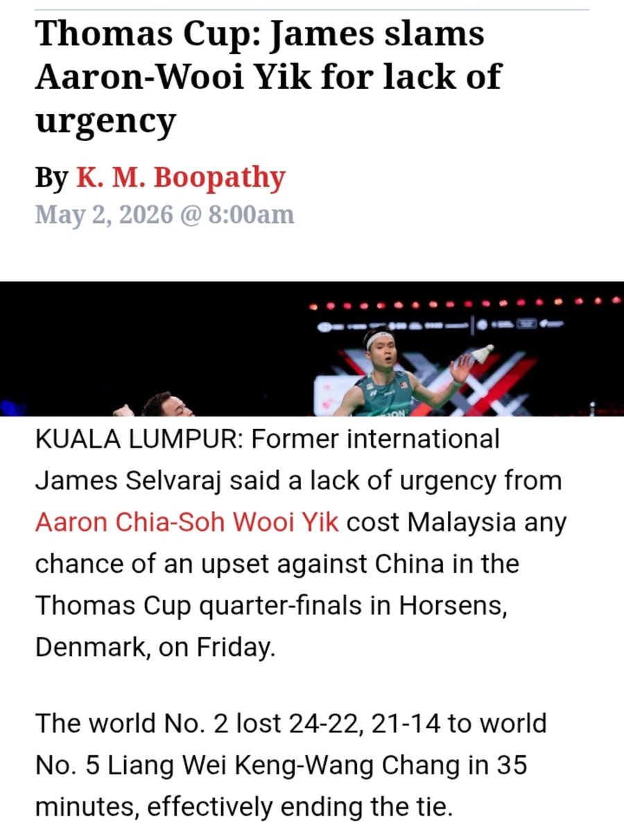 yojakmil's tweet photo. Next Thomas Cup, I propose kami letak James main MS3. Masa menang pingat di Asian Games, Olympics etc, puji mereka setinggi-tinggi langit. Masa kalah, hentam mereka as if Thomas Cup main 1 match sahaja. https://t.co/jZCq0ALZWo