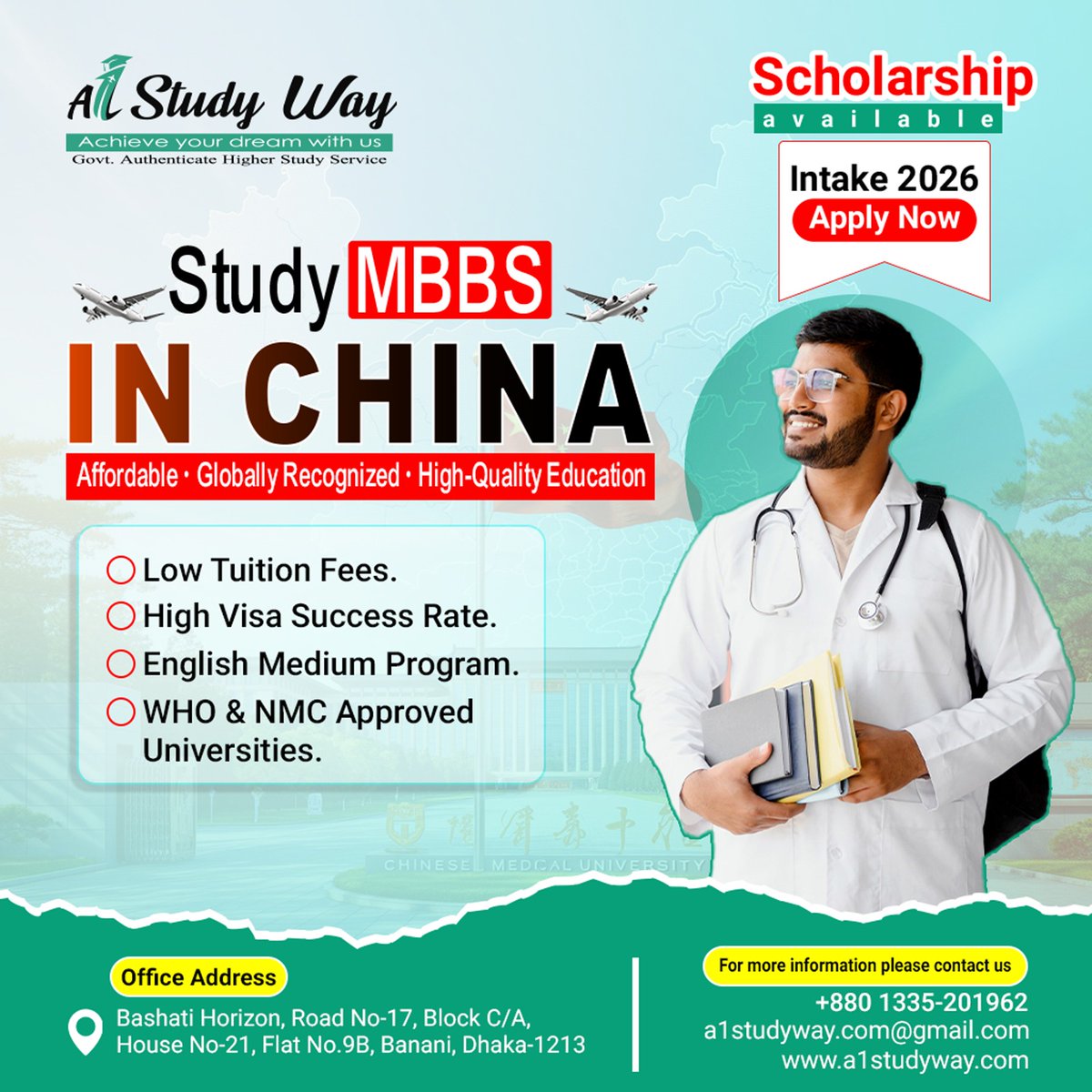 A1StudyWay's tweet photo. Study MBBS in China, September Intake-2026. 

Details: https://t.co/9lW92BkU8k

Scholarships available—Apply now!

Contact Us: 
+880 1335–201962
info@a1studyway.com
https://t.co/CIW7XCkAm6

#MBBS #StudyAbroad #China #A1StudyWay #MBBSinChina #StudyinChina https://t.co/CKsL5szJFj