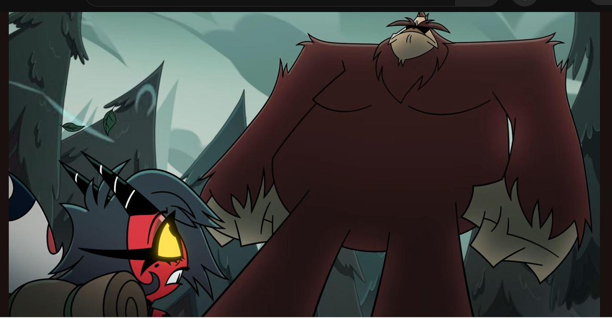 NightEcho29's tweet image. They find this eight-foot hairy legend standing there like evolution's angriest mistake. Pine everywhere, tension thick. And Blitz — this absolute demon genius — looks Bigfoot dead in the eyes and says, "You're naked in the woods." (Part 2) #HelluvaBoss #Bigfoot #Vivziepop
