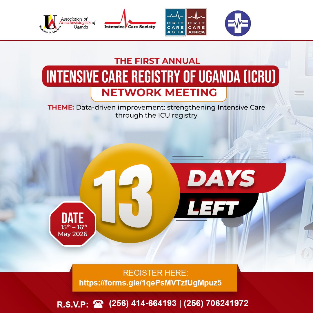 AnesthesiaUg's tweet image. 13 Days to Go!Join us for the inaugural ICRU Network Meeting 2026.

Theme: Data-driven improvement: Strengthening Intensive Care through the ICU Registry
📅 15–16 May 2026
Register here 👉 forms.gle/1qePsMVTzfUgMp… #IntensiveCare #ICURegistry #HealthcareInnovation #DataDrivenCare