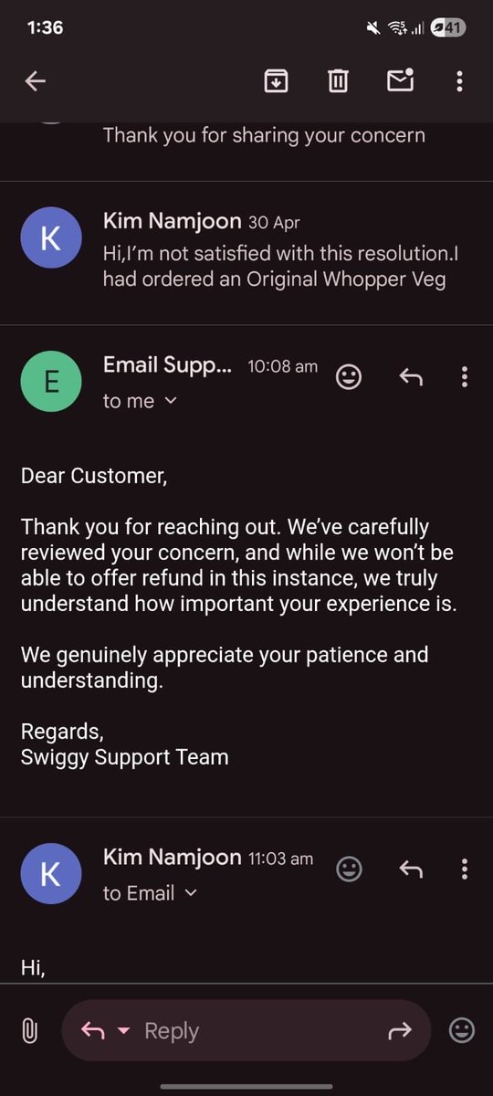 BTSArmy_Carat's tweet photo. @SwiggyCares @Swiggy extremely disappointing experience.

I ordered an Original Whopper Veg Stacker (Deluxe) from Burger King but received a regular Veg Whopper instead. I raised the issue immediately and shared proper images as proof.

No one contacted me to understand the (1/3) https://t.co/e3QcHF84Un