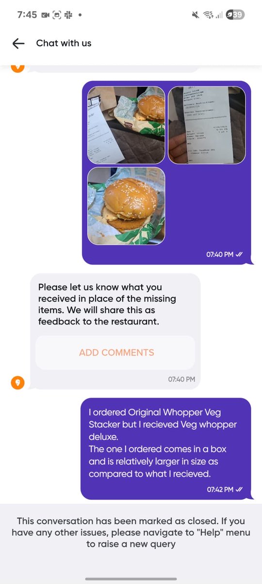 BTSArmy_Carat's tweet photo. @SwiggyCares @Swiggy extremely disappointing experience.

I ordered an Original Whopper Veg Stacker (Deluxe) from Burger King but received a regular Veg Whopper instead. I raised the issue immediately and shared proper images as proof.

No one contacted me to understand the (1/3) https://t.co/e3QcHF84Un