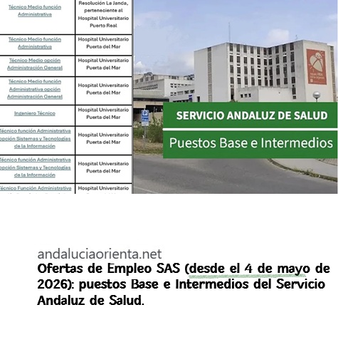 orienta_and's tweet photo. Ofertas de Empleo SAS (desde el 4 de mayo de 2026): puestos Base e Intermedios del Servicio Andaluz de Salud. https://t.co/L12AYpHvFC #empleoSAS #PuestosBaseSAS https://t.co/RmSUH4jd2b