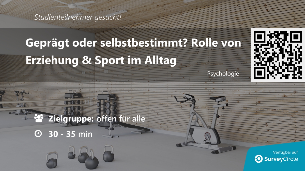 daily_research's tweet image. Teilnehmer für Online-Studie gesucht!

Thema: "Geprägt oder selbstbestimmt? Rolle von Erziehung &amp;amp; Sport im Alltag" via @SurveyCircle

#erziehung #sport #kontrollüberzeugung #psychodynamik #wohlbefinden #umfrage #surveycircle