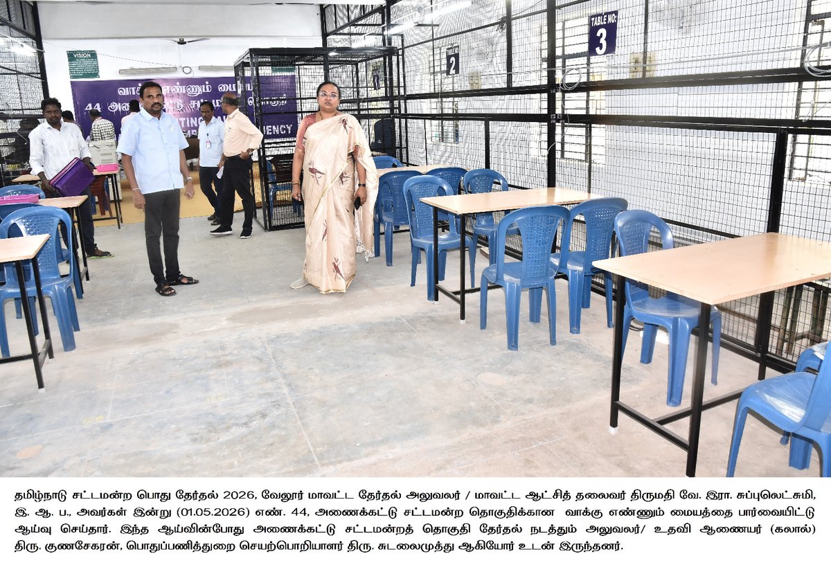 ElectionVellore's tweet photo. தமிழ்நாடு சட்டமன்ற பொது தேர்தல் 2026, வேலூர் மாவட்ட தேர்தல் அலுவலர் / மாவட்ட ஆட்சித் தலைவர் திருமதி வே. இரா. சுப்புலெட்சுமி, இ. ஆ. ப., அவர்கள் (01.05.2026) அன்று எண். 44, அணைக்கட்டு சட்டமன்ற தொகுதிக்கான தபால் வாக்கு எண்ணும் மையத்தை பார்வையிட்டு ஆய்வு செய்தார். https://t.co/DlYmiV7T6p