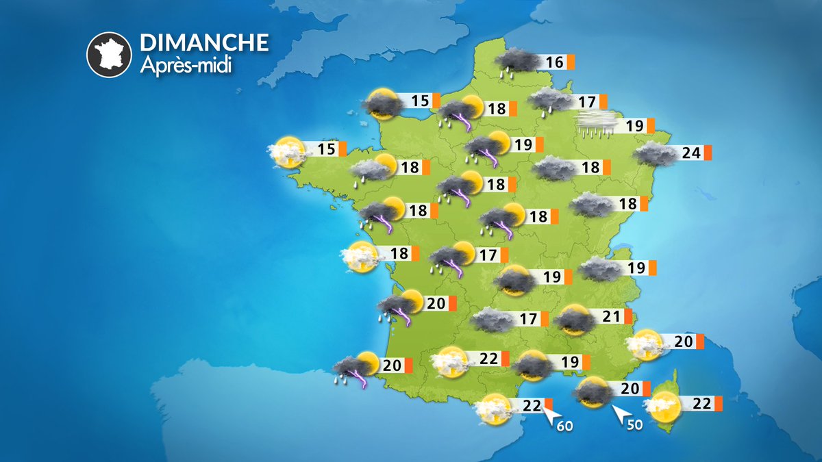 lachainemeteo's tweet image. Demain #dimanche, vous aurez souvent besoin du #parapluie ☔️ ou de l'#imperméable 🧥, sauf dans l'est. Attention aux #orages 🌩️ l'après-midi.
