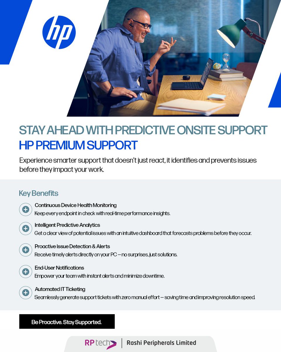 rptechindia's tweet image. Stay ahead with predictive onsite support from **HP Premium Support. Experience smarter support that doesn’t just react—it identifies and prevents issues before they impact your work.

To Learn More: hp.com/us-en/services…

#HP #RPtech #TechSolutions #ITSupport