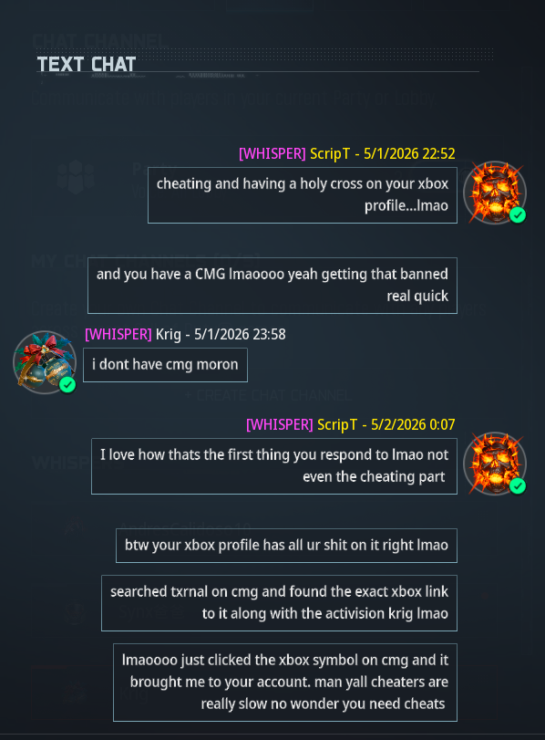 ScripTTz's tweet photo. @Parasite @CallofDutyCM 
Krig#3553485 cheating in pubs Top 250 in Ranked and played @CMG_Esports not too long ago. clip below is from the full vid which shows the blatant bits. SS below is when is when he got caught in a lie about cmg. links below to accounts and full vid. https://t.co/81KhKbvcSa