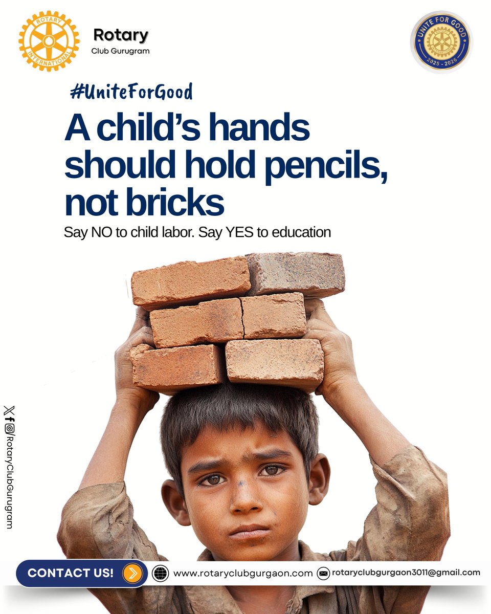 RotaryClubGgn's tweet image. A child’s future should be built with books and dreams, not bricks and burdens.

Through our #UniteForGood initiative, we stand firmly to say NO to child labor and YES to education. 

Join us in building futures through education and compassion.

@Rotary @Subhashcsingla