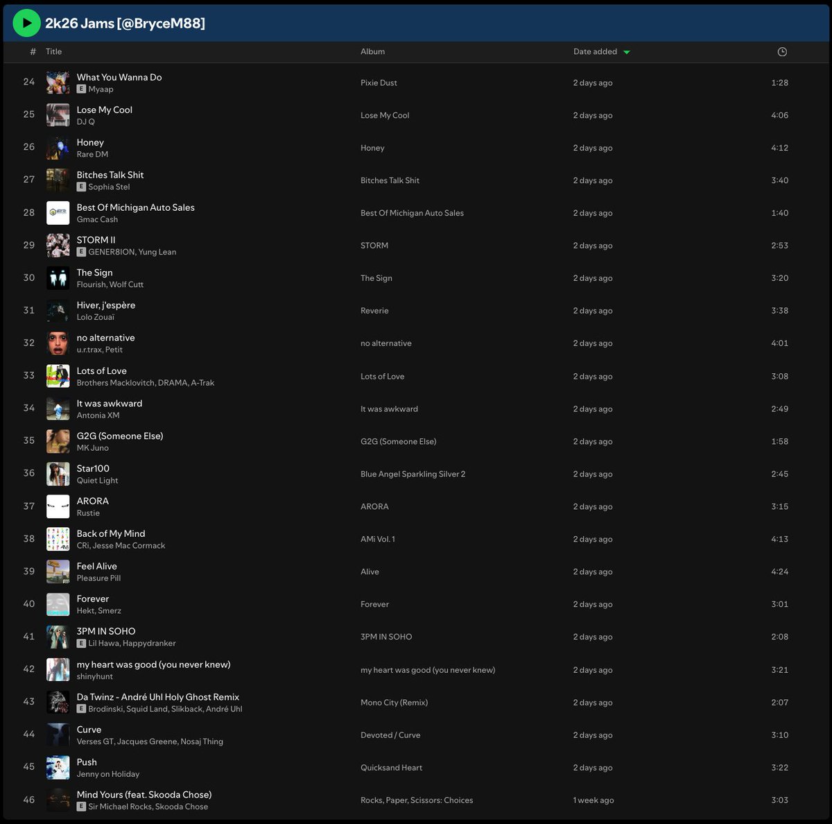 BryceM88's tweet photo. 2k26 Jams is updated—46-track update

ft. Sir Michael Rocks x Skooda Chose, Hekt x Smerz, u.r.trax x Petit, Gmac Cash, Quiet Light, shinyhunt, MK Juno, DJ Q, goldgoldgold, Ladytron, NOTEP, Junior Varsity, Suzy Clue, Sugar World, TURNSPIT, Baauer, et al.

https://t.co/KMkrC968WB https://t.co/kbkBH0zBz8