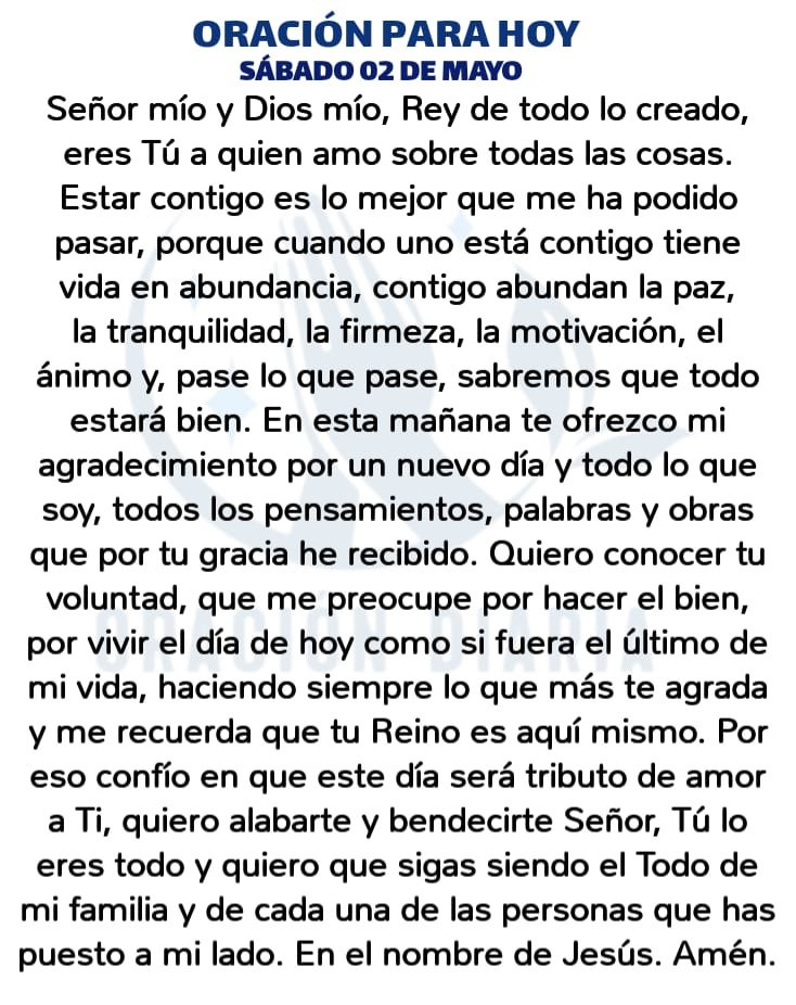 Oración Diaria para hoy Sábado 02 de Mayo de 2026