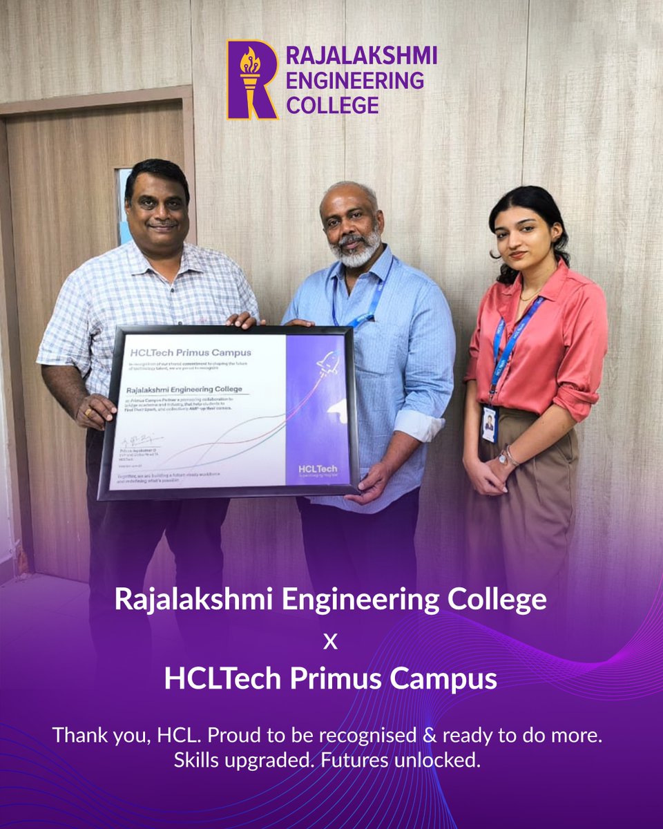 myrecchennai's tweet image. We’re proud to announce that Rajalakshmi Engineering College is now a HCLTech Primus Campus.
This means our students don’t just prepare for placements, they prepare for the industry from day one.

#RajalakshmiEngineeringCollege #REC #FutureOfWork #HCLTech #Placement