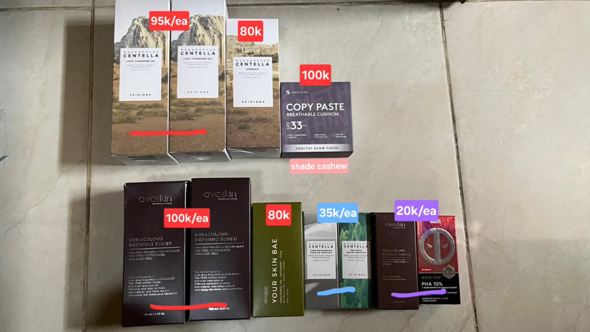 Wts want to sell

✅️Skin 1004 cleansing oil 100 ml
✅️Skin 1004 madagascar ampoule 100 ml
✅️Skin1004 ampoule brightening &amp; tea trica 30 ml
✅️Somethinc copy paste cushion fullcase shade cashew
✅️ Exfo toner avoskin 100 ml
✅️Panthenol serum avoskin