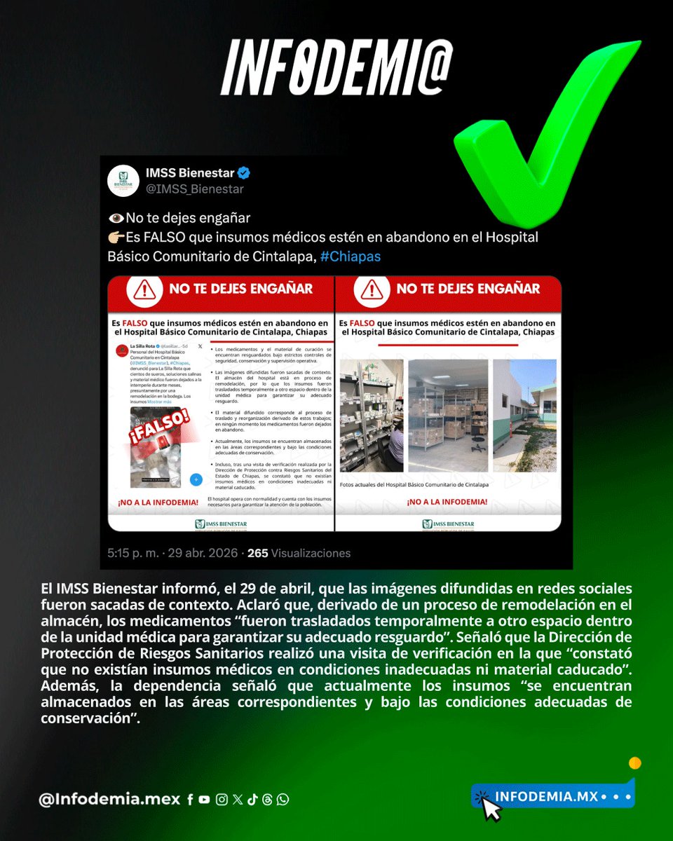 ❌Falso que haya insumos médicos "en abandono" en el Hospital Básico Comunitario de Cintalapa, Chiapas

✅El <a href="/IMSS_Bienestar/">IMSS Bienestar</a> informó, el 29 de abril, que las imágenes difundidas en redes sociales fueron sacadas de contexto. Aclaró que, derivado de un proceso de remodelación en el