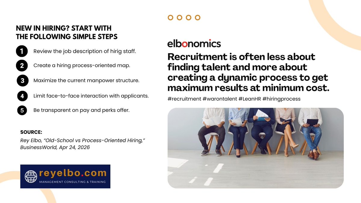 Rey_Elbo's tweet image. #ELBONOMICS May 2, 2026 #SavvySaturday
Don't ignore the #recruitment process. Think about it. There are many wastes that hiring managers don't see. If you've a circuitous process, it could derail the interest of your best talent.