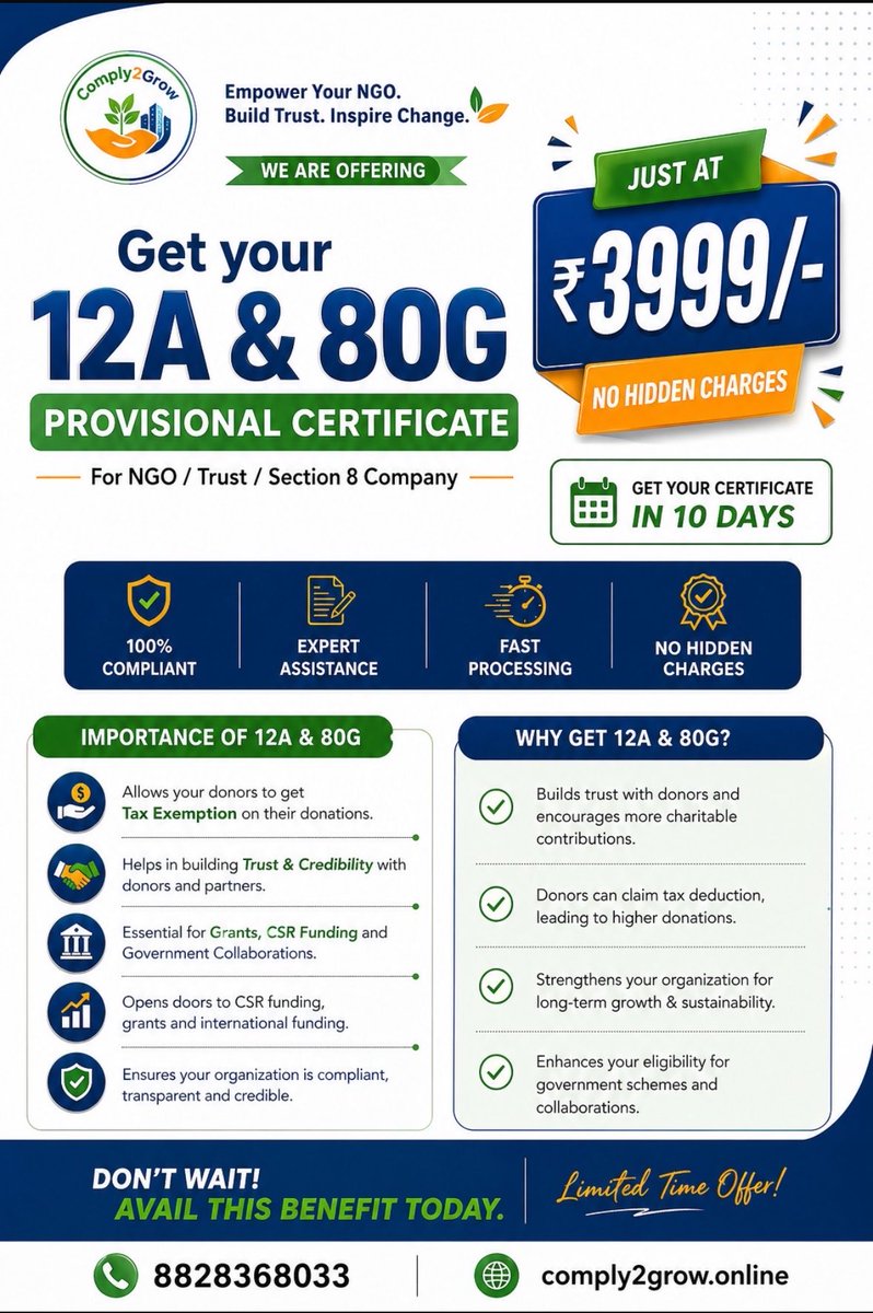 comply2groww's tweet image. Get your NGO the recognition it deserves ✅
Secure your 12A &amp;amp; 80G registration today and unlock tax benefits, CSR funding &amp;amp; donor trust — all at an unbeatable price. Limited time, no hidden charges!

#NGOIndia #12A80G #CSRFunding #TaxExemption #NonprofitGrowth