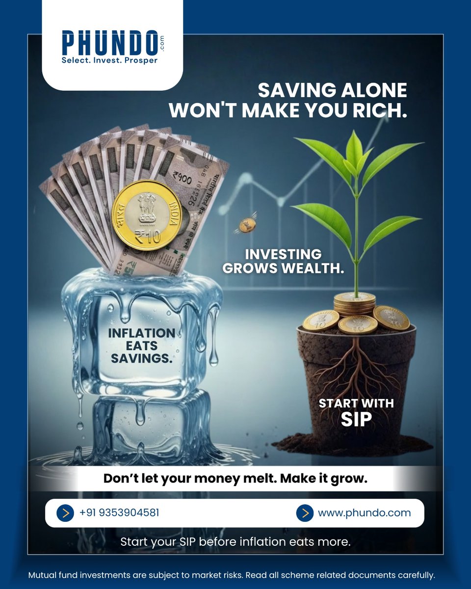 Phundos's tweet image. Saving won’t beat inflation, investing will.

Start small. Stay consistent. Let your money grow with SIP.

Don’t let your wealth melt away.
Start today with Phundo.

#InvestSmart #SIP #WealthCreation #FinancialGrowth #BeatInflation #Phundo