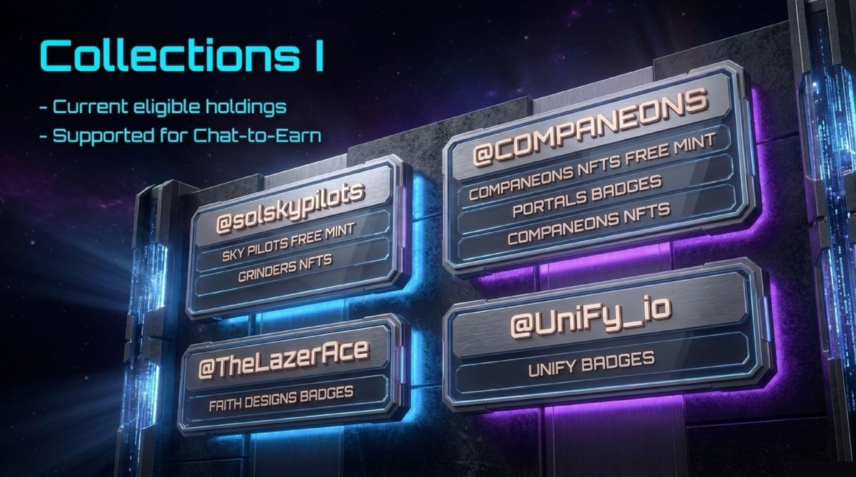 Companeons's tweet image. Eligible holdings for @COMPANEONS Chat-to-Earn include 👇

@solskypilots
• SKY PILOTS FREE MINT
• GRINDERS NFTS

@COMPANEONS
• COMPANEONS NFTS FREE MINT
• PORTALS BADGES
• COMPANEONS NFTS

@TheLazerAce
• FAITH DESIGNS BADGES

@UniFy_io
• UNIFY BADGES

#NFTUtility