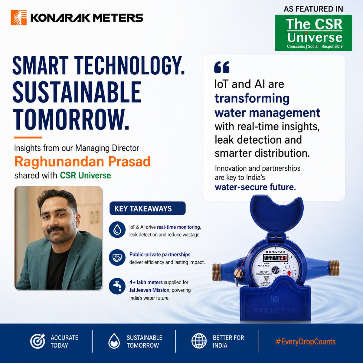 KonarakMeters's tweet photo. Konarak Meters’ MD Raghunandan Prasad @Ragnorak7 shares insights with CSR Universe on how IoT, AI, real-time monitoring &amp; leak detection are transforming water conservation in India. 

Smarter data. Lower wastage. Sustainable water management.
#SaveWater #IoT #SmartMeters #India https://t.co/LlftLct9ym