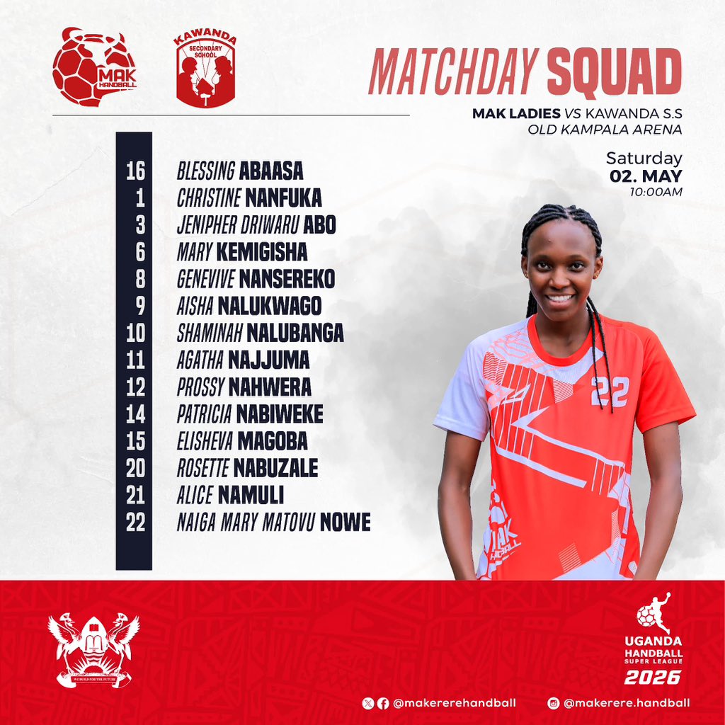 makererehandbal's tweet photo. 📍📍📍Game day 2   Squad 📍📍📍
Our #makladies are back with a fresh  body and a stronger spirit for game  2 of the 1st round of #UHSL🫰,they are harder than  what you have so far seen 💪💪 come through at the Old Kampala Arena , and support our owns✌️ @MakerereSports @Uhandball https://t.co/ibIHU6GdDL