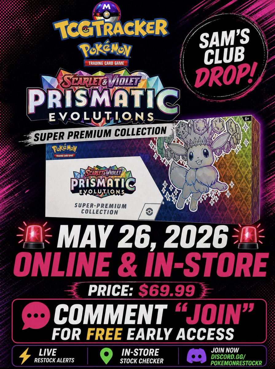 PokemonRestockr's tweet image. 🚨Prismatic Evolution SPC coming soon at Sam’s Club🚨 

 Early alrerts: poketcgtracker.com  🔥 

💥We’ll ping the SECOND these go live + all future drops  

Follow for more 

 #PokemonTCG #PokemonCards #ad