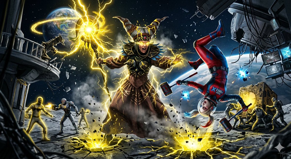 Desiree99076473's tweet image. Harley Quinn vs. Rita Repulsa! 🤡⚡ Space mission: recover the Power Staff from the Lunar Madness. Can Harley survive the yellow Kombat Rage? 🌙💀 #HarleyQuinn #RitaRepulsa #PowerRangers #DCU #KombatRage
