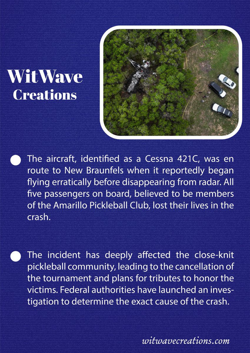 WitWaveCreation's tweet image. Texas tragedy 💔✈️
5 pickleball players killed after a plane crash near Wimberley while heading to a tournament. Aircraft reportedly flew erratically before disappearing from radar. Investigation underway.
#texascrash #breakingnews #planecrash #usnews