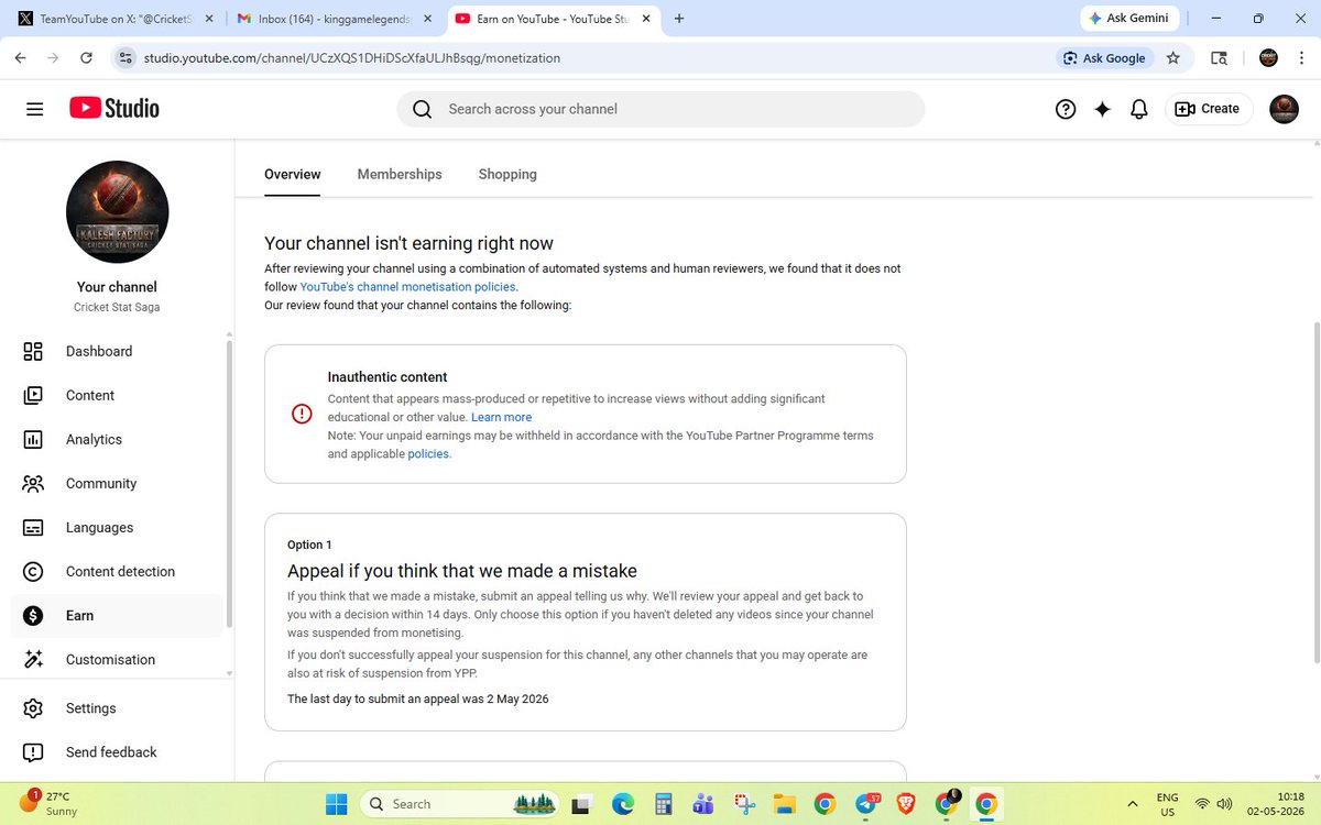 CricketStatSaga's tweet photo. @TeamYouTube @TeamYouTube URGENT! Deadline passed &amp; 'Start Appeal' button vanished WITHOUT fixing the 'Something went wrong' bug! Reported this for 3 days with proof. My Unlisted Video is ready. Please allow me to submit it manually via DM. Don't let a tech bug kill my channel! 🆘 https://t.co/JmAT0RreNH