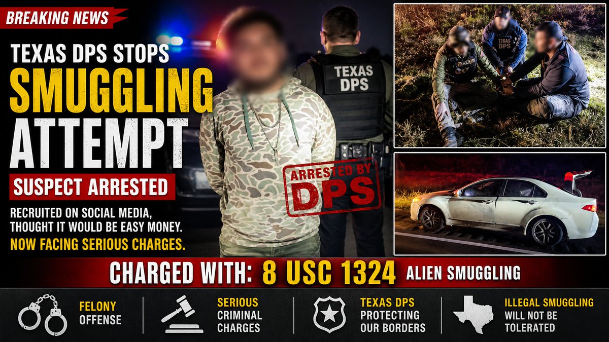 Supriya_editor's tweet photo. Texas authorities arrest suspect in alleged human smuggling attempt.

Officials say the individual was recruited online and now faces federal charges under 8 USC 1324.

#USA #Texas #Breaking #BorderSecurity https://t.co/NnhRxufhix