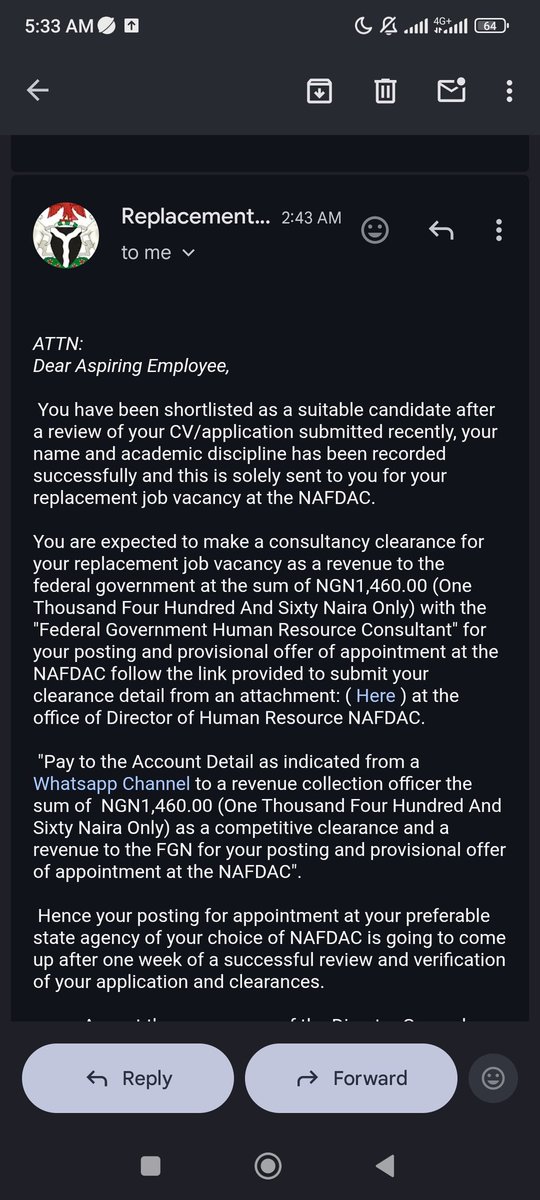 Abdul_Reviver's tweet photo. I came across this email recently on social media platforms. To the best of my knowledge, no agency in Nigeria requests money at any stage of recruitment, but this email asked applicants to pay #1,460 for clearance and verification.I would like to call the attention of NAFDAC https://t.co/UROdhKblQ3