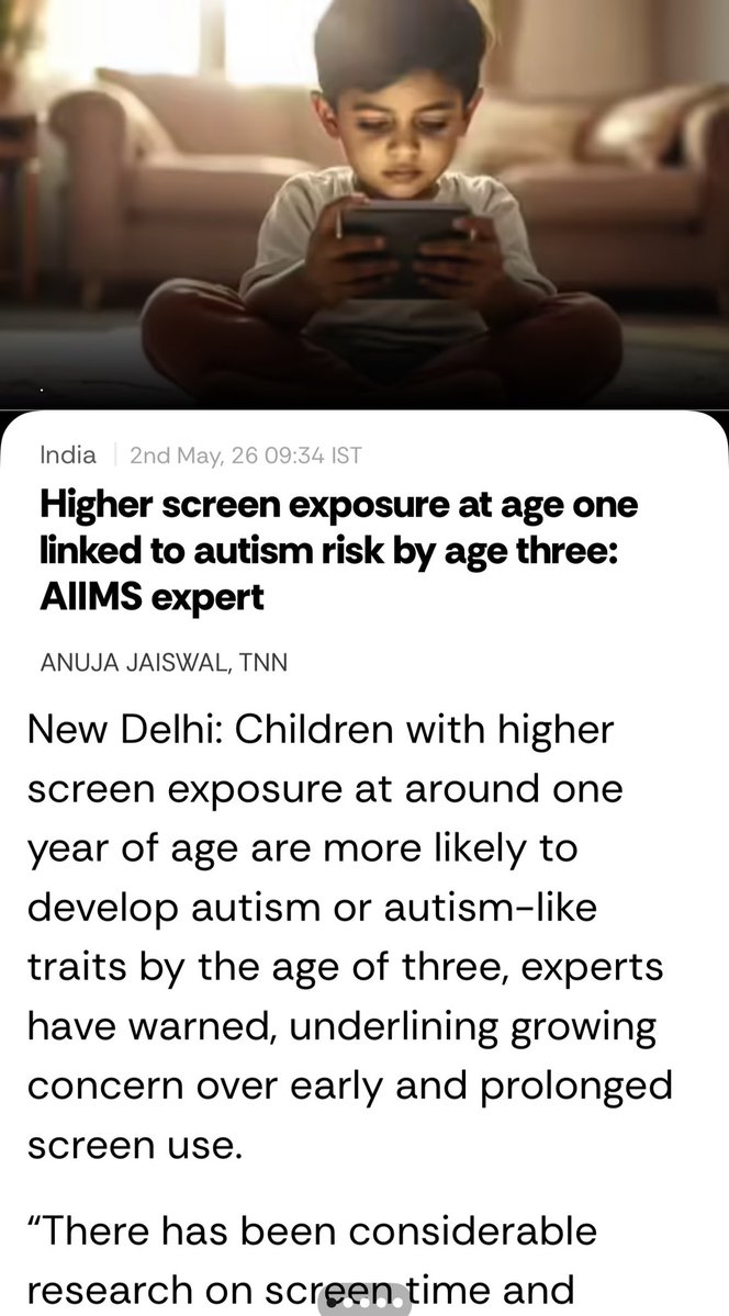 AnujaJaiswalTOI's tweet image. Children with higher #screen #exposure at around one year of age are more likely to develop #autism or autism-like traits by the age of three, experts have warned, underlining growing concern over early and prolonged screen use. “There has been considerable research on screen