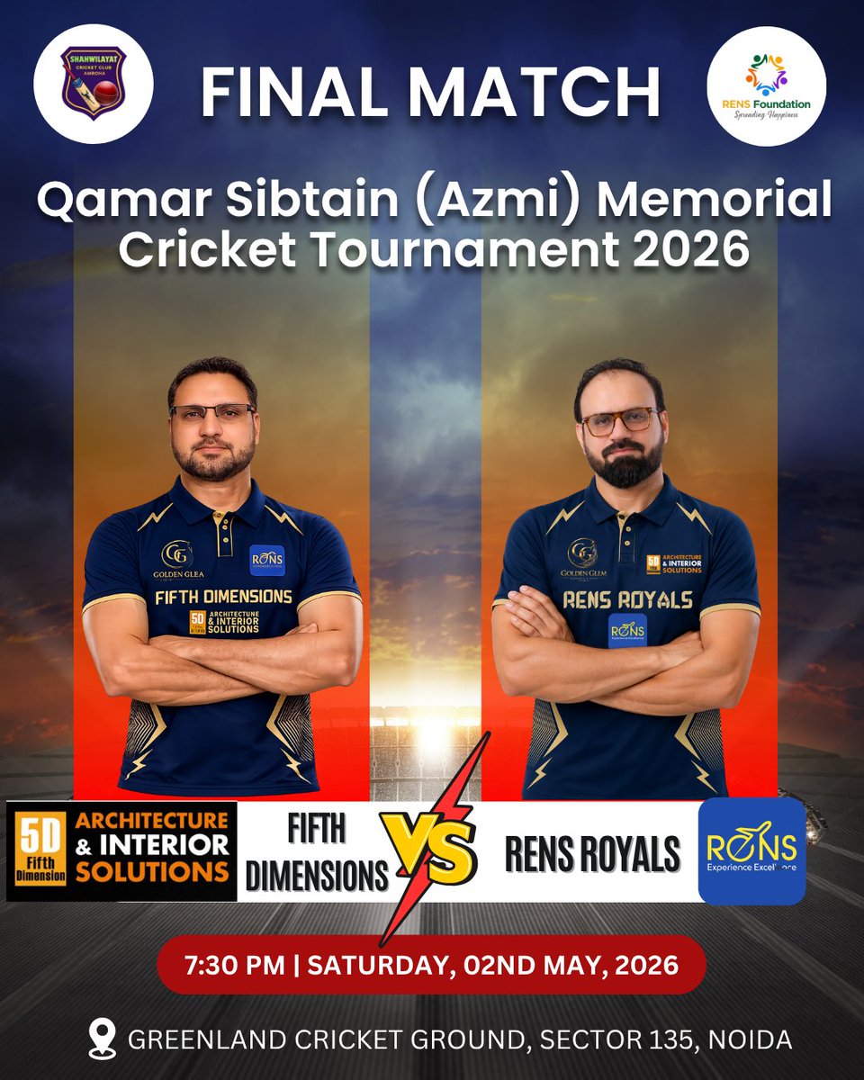 RENSFoundation's tweet photo. 🔥🏏 GRAND FINALE!
RENS Royals 🆚 Fifth Dimensions
📅 2 May 2026 | ⏰ 7:30 PM
📍 Noida

💥 One Match. One Champion.
Who takes the trophy?
#FinalMatch #CricketFinal #RensRoyals #FifthDimensions #CricketNight https://t.co/9gDRuKjjkd