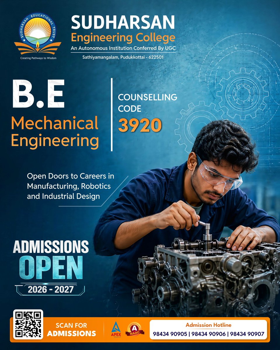 sudharsan_engg's tweet image. 🚀 Admissions Open 2026-2027 | B.E. Mechanical Engineering 

At Sudharsan Engineering College, an Autonomous Institution with NAAC 'A' &amp;amp; APEX accreditation, we don't just teach machines. We build the minds that will design them.

#MechanicalEngineering #EngineeringAdmissions