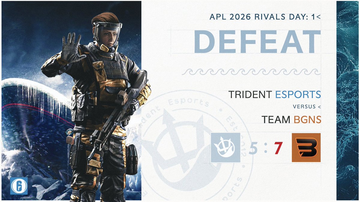 TridentEsports's tweet image. #RESULTS

A tough opener for #TridentR6.

We fall 5–7 to Team BGNS Black in a nail-biter.

Close game, hard lessons, stronger comeback. The foundation’s there, we build from here. 📈

GGWP 🤝

#RaiseYourTrident 🌊 | #R6Siege