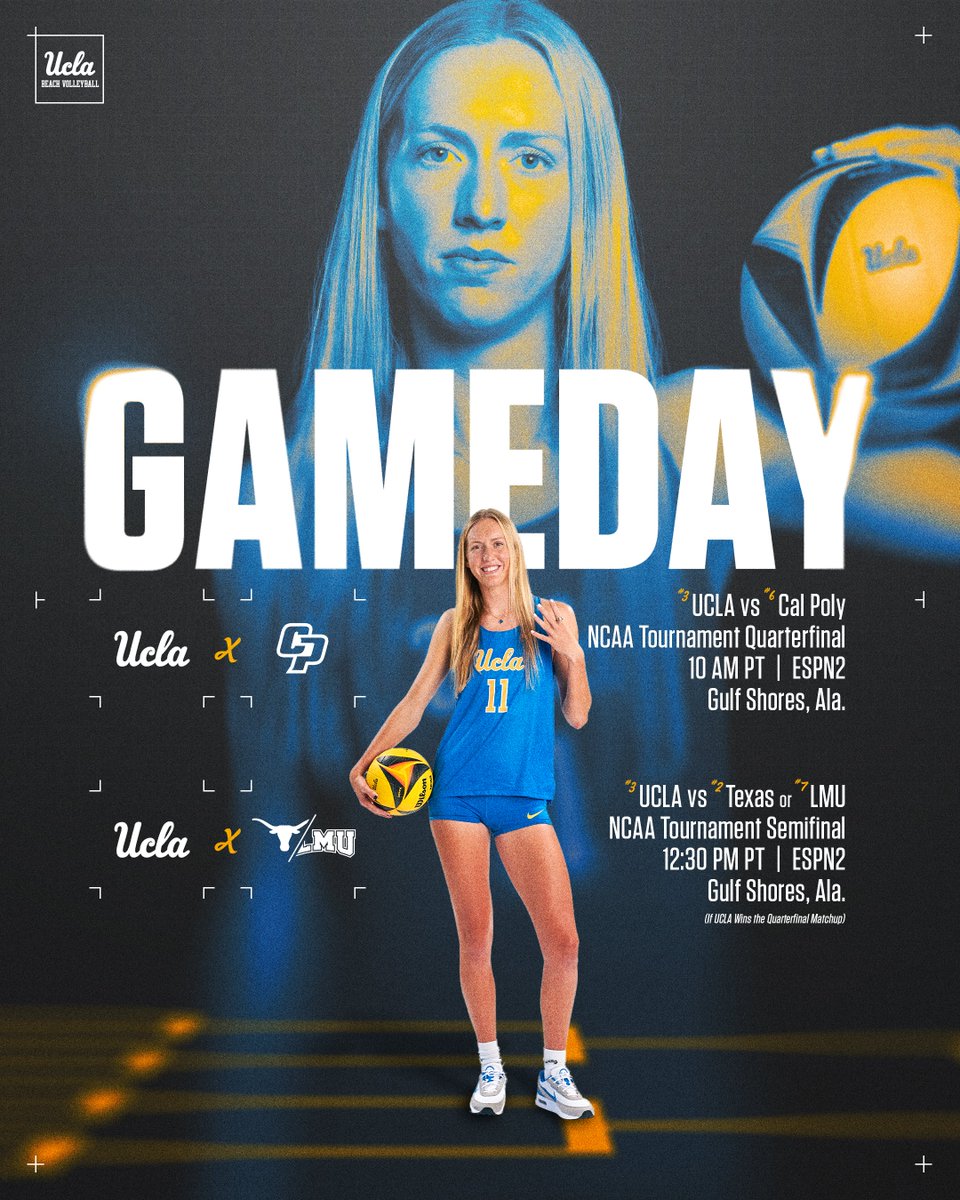 uclabeachvb's tweet image. The dance continues today with a NCAA quarterfinal match against a familiar foe.  

🆚: Cal Poly
📍: Gulf Shores, Ala.
⏰: 12pm CT/10am PT
📺: ESPN2
💻: espn.com/watch/
📊: statb.us/b/658980
#GoBruins | #Gameday