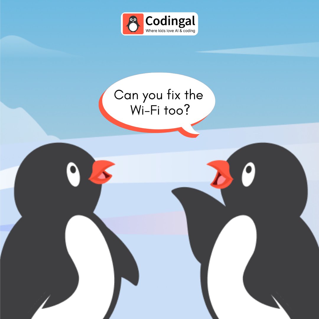 codingal's tweet photo. Cody Comics is back with a little coding fun and a classic penguin conversation.
A whole website? Impressive.
Fixing the Wi-Fi? That might be a different course.

#CodyComics #CodingForKids #WebDevForKids #CodingHumour #Codingal https://t.co/UezNmXDy4j