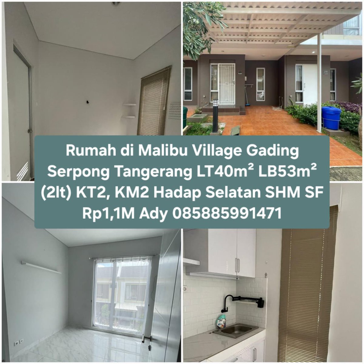 ajumono's tweet photo. Dijual *Rumah di Malibu Village Gading Serpong* Tangerang 
LT40m² LB53m² (2lt)
KTidur 2, Kmandi 2
Hadap Selatan 
SHM
Semi furnished, kanopi, kitchen set, lemari baju, water-heater,  window blind, tralis. 
*Rp1,1M*
Info Ady 085885991471 https://t.co/P9WsnNq42H