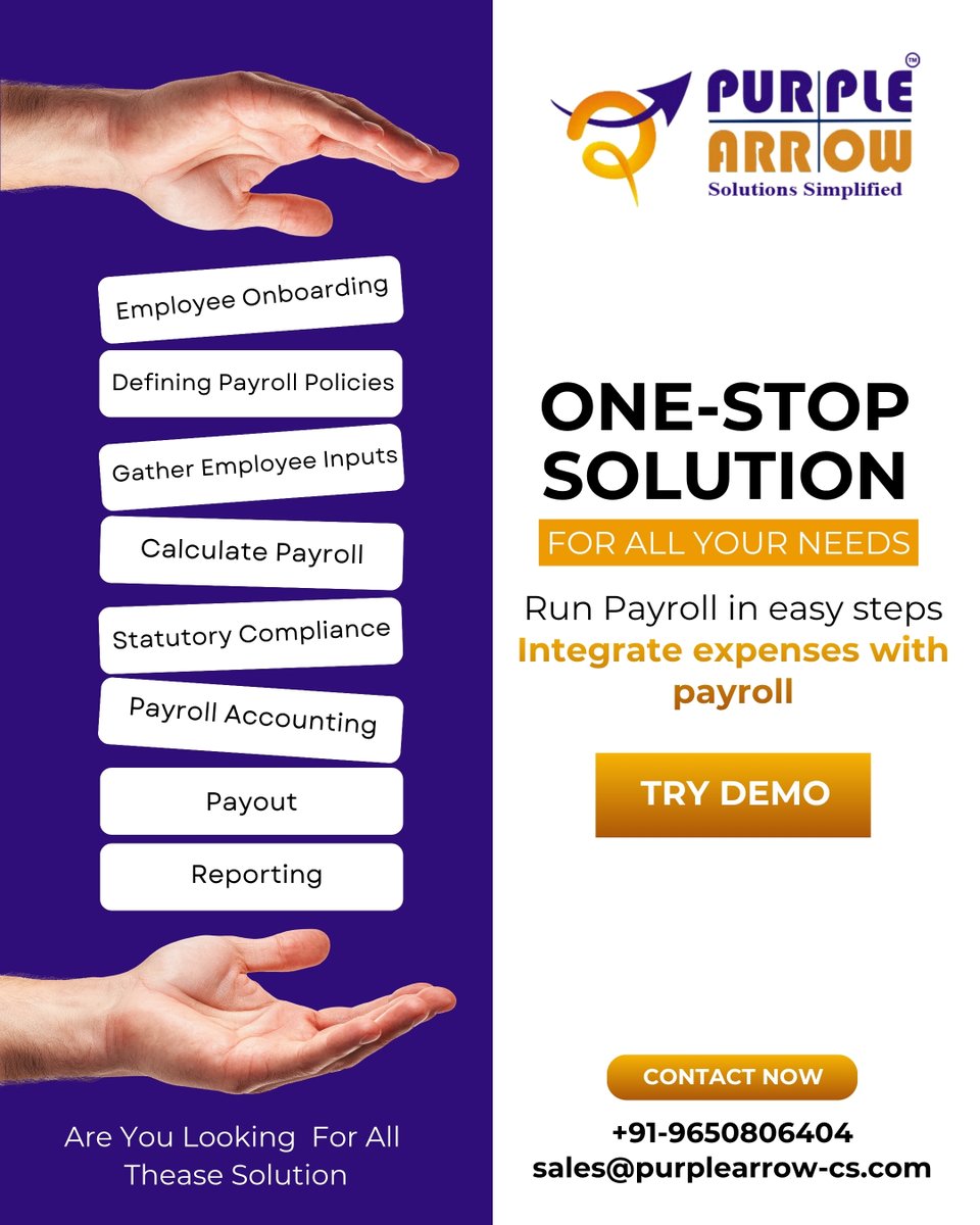 purplearroww's tweet photo. Simplify your payroll process with a complete, end-to-end solution.

Phone: +91-9650806404
Email: sales@purplearrow-cs.com

👉 Try the demo today and experience hassle-free payroll management.

#PayrollSolutions #HRTech #BusinessGrowth #Automation https://t.co/tBnx18X9Bm