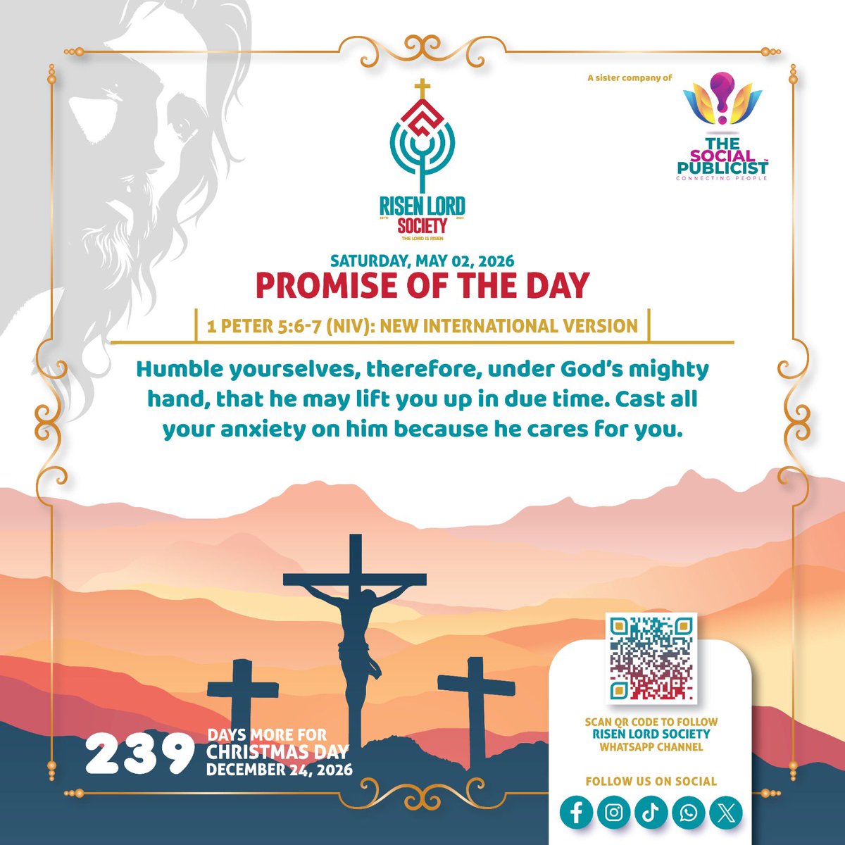 RisenLordSoc's tweet image. 𝗣𝗥𝗢𝗠𝗜𝗦𝗘 𝗢𝗙 𝗧𝗛𝗘 𝗗𝗔𝗬
Praise the Lord!
Saturday, May 02, 2026

𝟭 𝗣𝗲𝘁𝗲𝗿 𝟱:𝟲 (𝗡𝗜𝗩): 𝗡𝗘𝗪 𝗜𝗡𝗧𝗘𝗥𝗡𝗔𝗧𝗜𝗢𝗡𝗔𝗟 𝗩𝗘𝗥𝗦𝗜𝗢𝗡
Humble yourselves, therefore, under God’s mighty hand, that he may lift you up in due time.

#praisethelord #risenlordsociety
