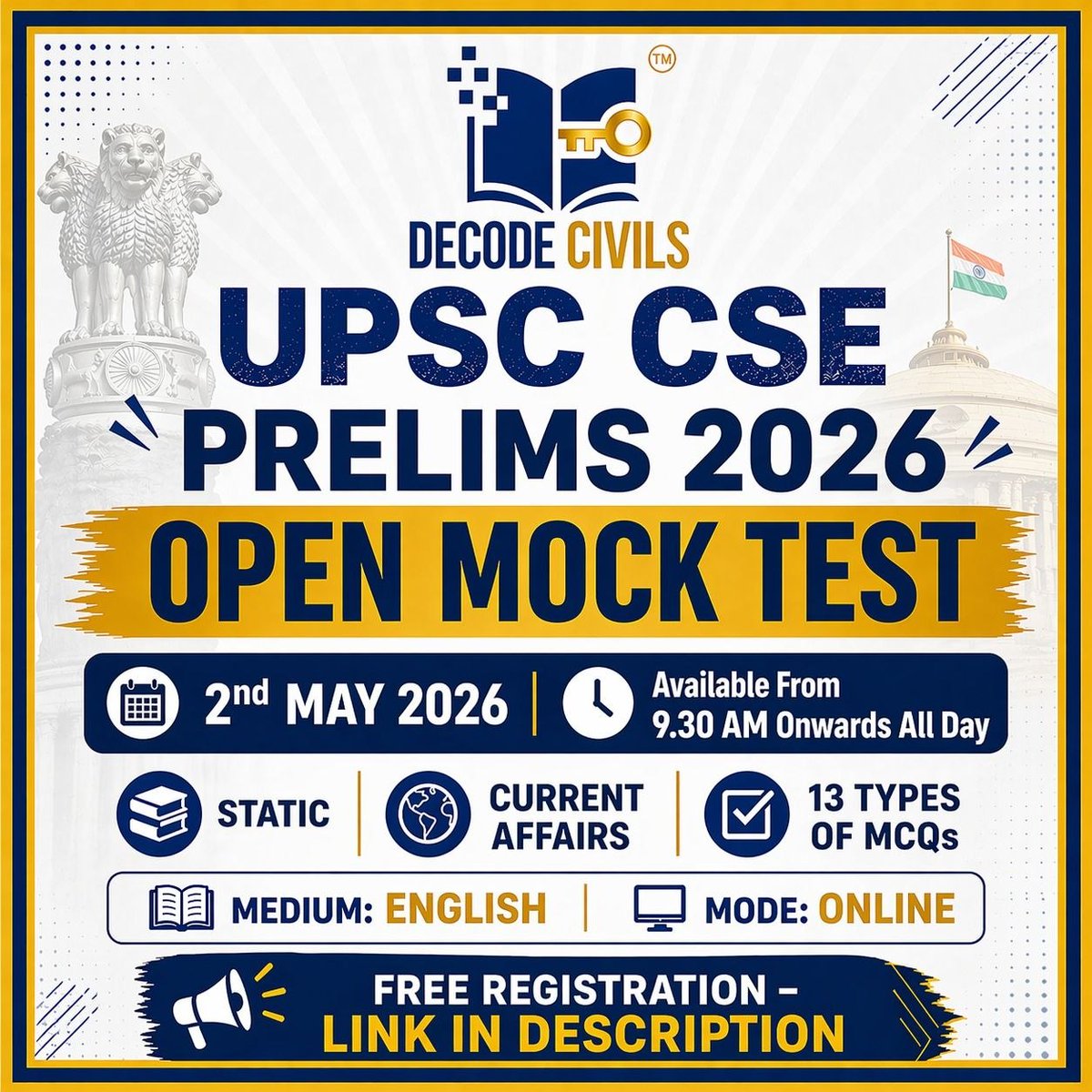 DecodeCIVILS's tweet image. T-1290: Decode Civils Open Mock for UPSC Prelims 2026 is Now Live. It is available to attempt entire day.

Register for Free to Attempt the Open Mock: courses.decodecivils.com/courses/814964…

#UPSC #Prelims #OpenMock #UPSCexam #UPSCaspirants