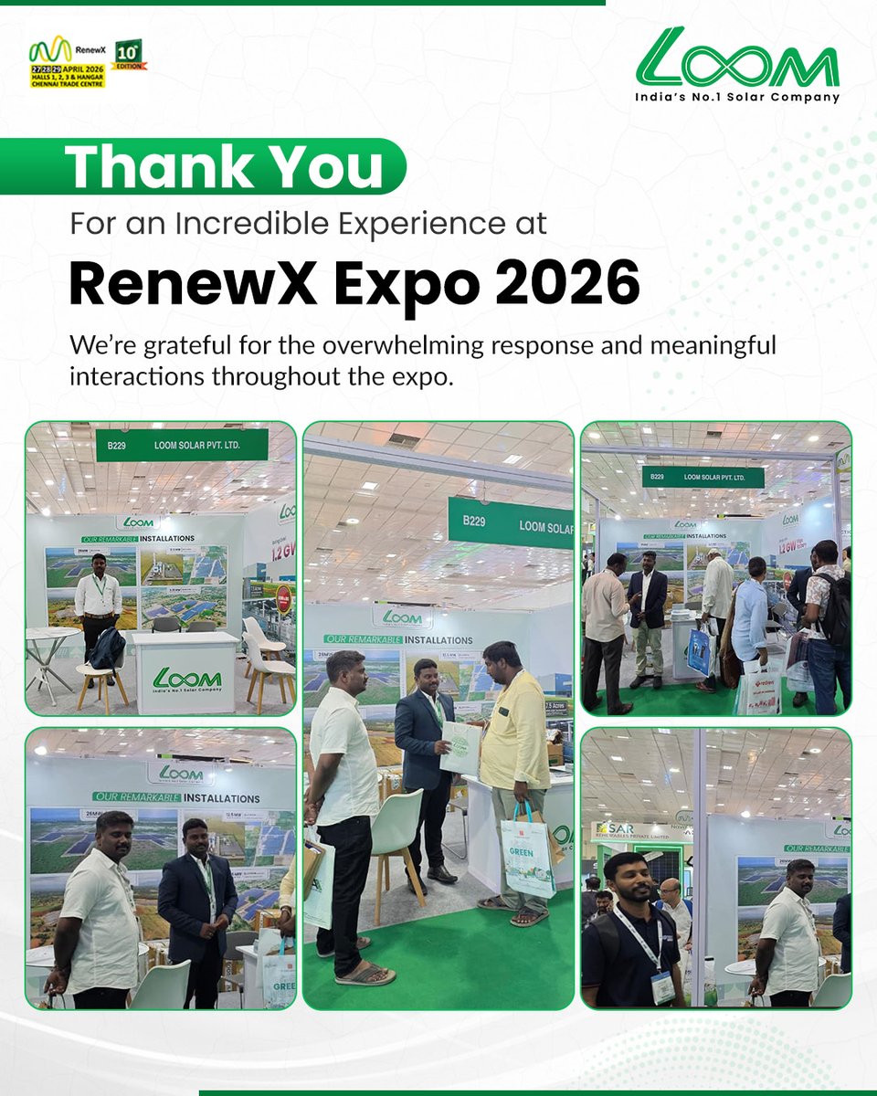 loomsolar's tweet image. Grateful for all the connections at #RenewX2026
Thank you for visiting Loom and engaging with our solutions. Excited to grow together towards a cleaner future
#LoomSolar #SolarEnergy #CleanEnergy #RenewableEnergy #SolarIndia