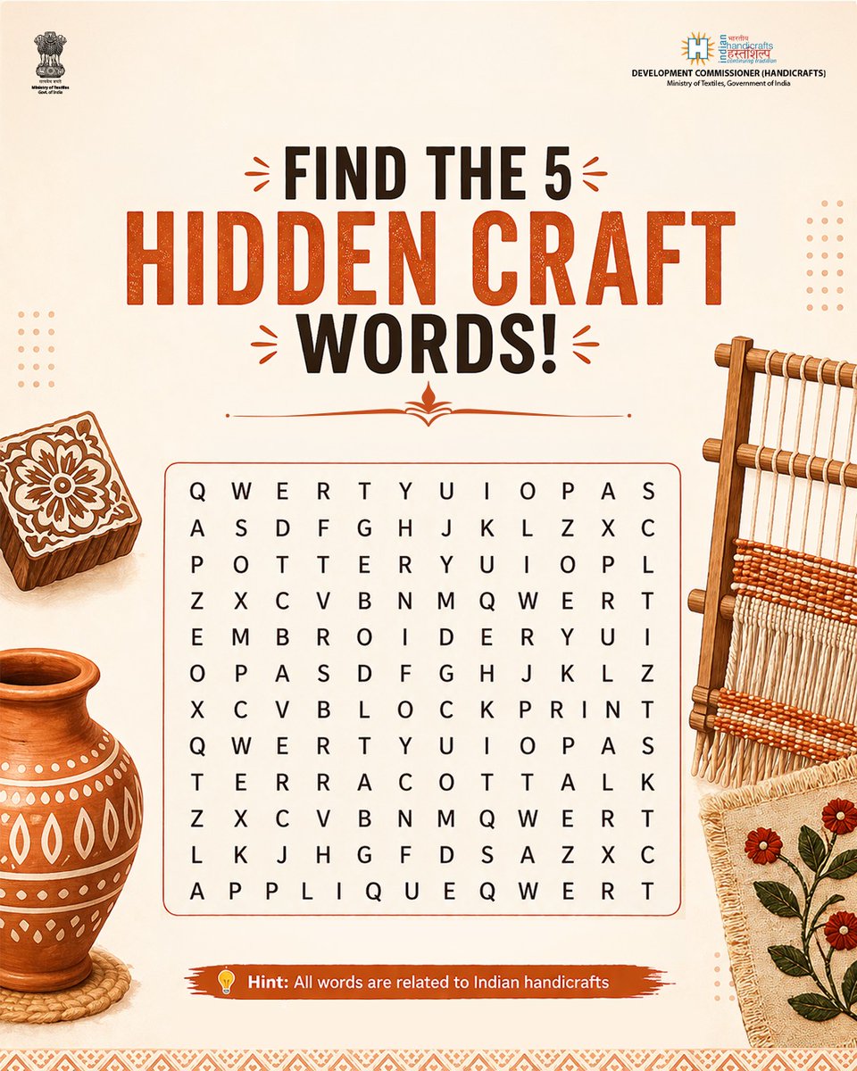 handicraftsdc's tweet photo. Let’s make your weekend creative!
Find the 5 hidden words related to Indian handicrafts.
From textiles to carved pieces, each word connects to the art of handmade traditions.
Comment how many you found
#IndianHandicrafts #FunWithCrafts #EngageAndLearn https://t.co/5Gx0VTa9VG