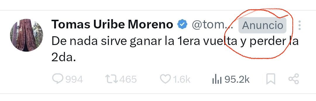 Tomás Uribe pagando publicidad para tener alcance. Yo veo esto y, la verdad, no me da rabia; me da tristeza, me da pesar ver que no tienen alcance orgánico y están desesperados porque están a punto de volver a quedar sin la teta del Estado. Vergonzoso.