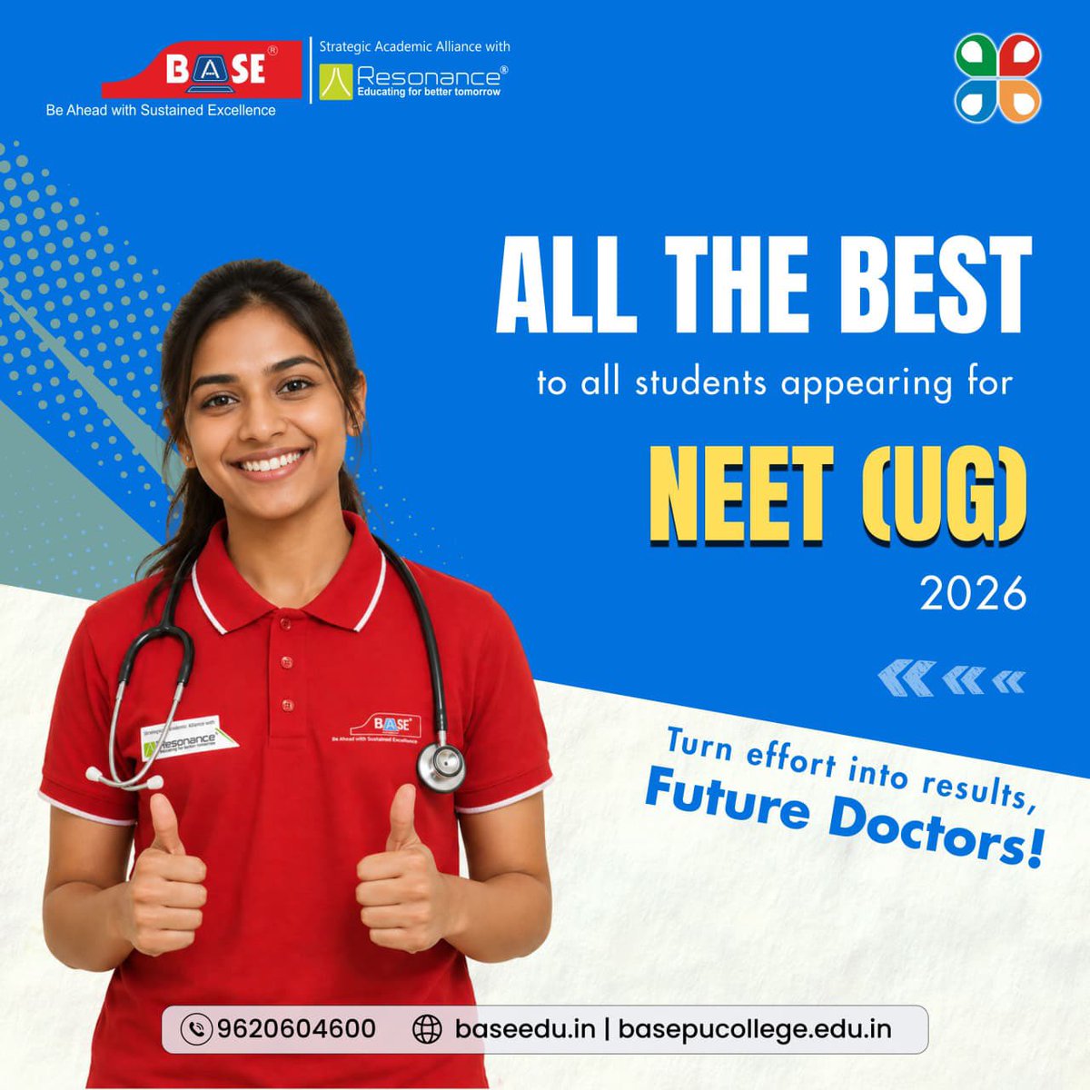 BASEEducational's tweet image. BASE wishes all NEET (UG) 2026 aspirants the very best! 🌟

Turn your effort into results and step closer to your dream career. 🩺

#BASEEducation #NEET2026 #SuccessJourney #FutureDoctors
