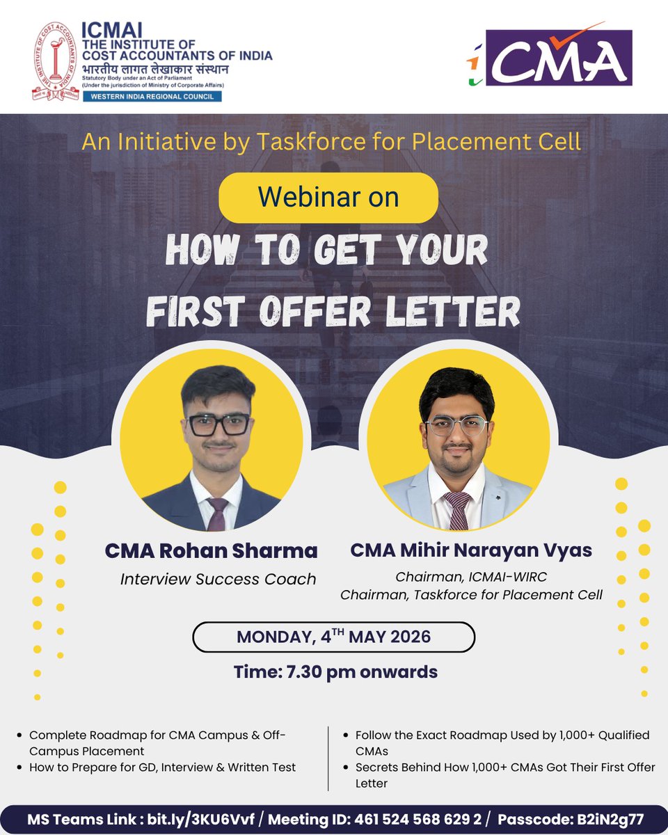 icmaiwirc's tweet photo. Your first offer letter isn’t luck—it’s strategy.

Join this power-packed webinar by ICMAI WIRC Taskforce to learn how to crack GDs, interviews &amp; land your first job.

🗓 4 May | ⏰ 7:30 PM
🔗 https://t.co/1StHq670zE
#icmai #wirc #placements #cmastudents #careergrowth https://t.co/u8EqT29Xvd