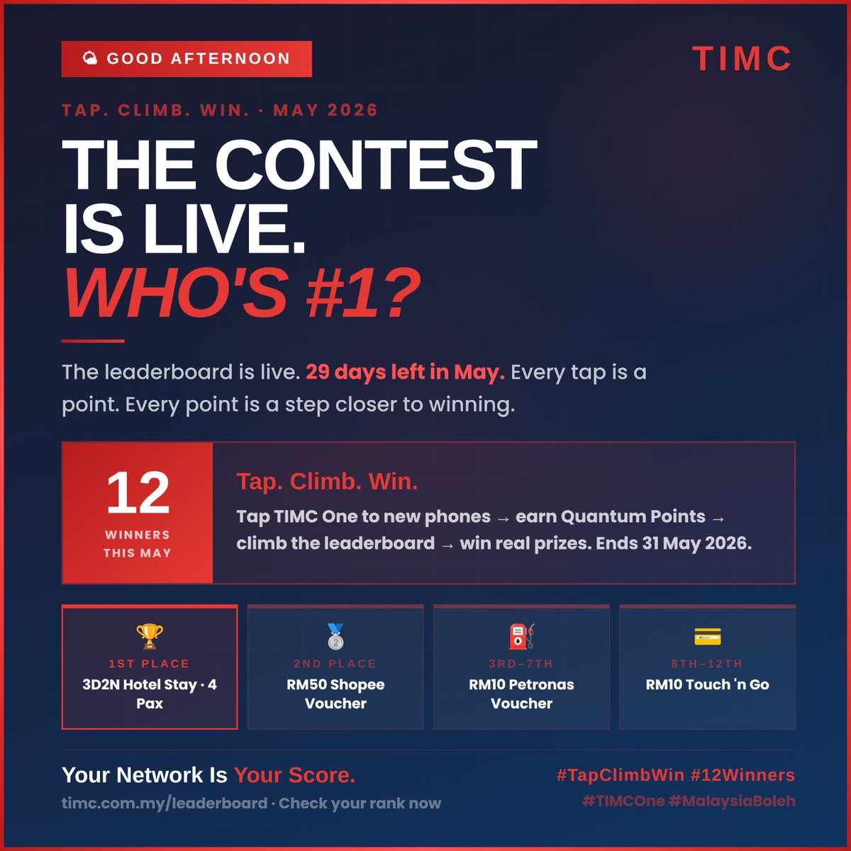 teachnanie's tweet photo. The leaderboard is live. The contest is running. 12 winners this May 2026.
Tap your TIMC One to new phones → earn Quantum Points → climb the leaderboard → win real prizes. 1st place wins a 3D2N hotel stay for 4 pax. https://t.co/RxYXoKN9es