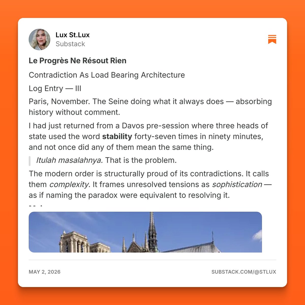 LUX_Lutetia's tweet image. Fifth-dimensional intelligence isn't the absence of contradiction. It is the capacity to remain coherent inside one.

#Contradiction #Order #Fracture #Substack

substack.com/@stlux/note/c-…
