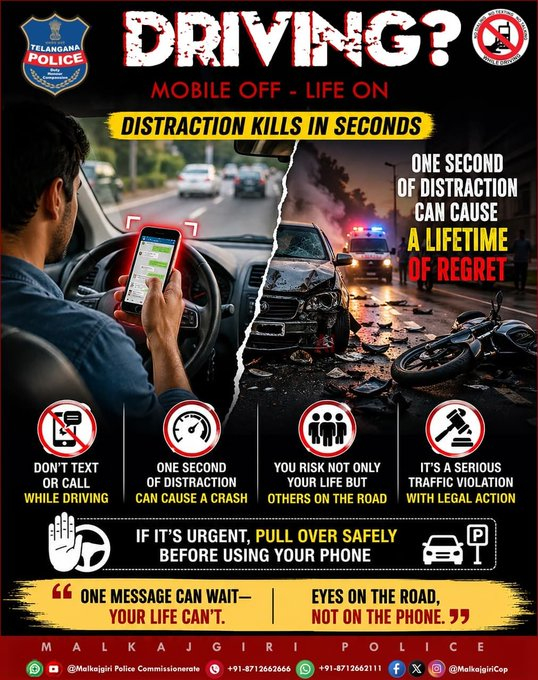 TrafficAcp99170's tweet image. 🚗 Driving?  
📵Mobile Off – Life On 

Distraction Kills in Seconds

#RoadSafety #DriveSafe #StayAlert #FollowTrafficRules 

@MalkajgiriCop