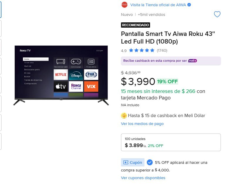 OfertonesMex's tweet image. ¡OFERTA IMPERDIBLE! SMART TV AIWA ROKU 43'' LED FULL HD 📺✨
MercadoLibre: Pantalla Smart Tv Aiwa Roku 43'' Led Full Hd (1080p)

👉Enlace: meli.la/1mrqmMT

🔥Precio Oferta: $3,990
Precio Anterior: $4,936

⚡️Unete a nuestros otros grupos:
ofertonesmexico.com.mx

#Oferta…