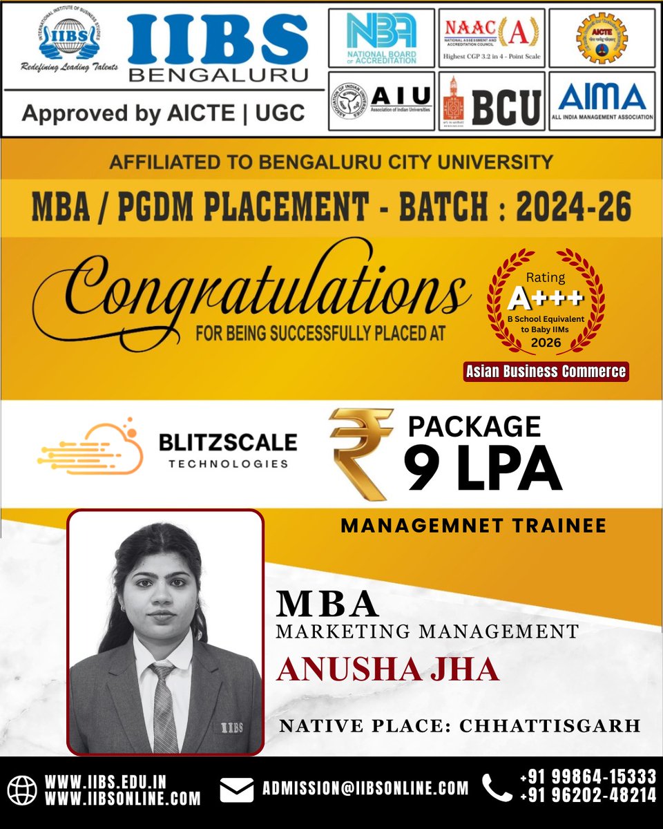 iibsonline's tweet image. Heartiest Congratulations! 🎉

MBA/PGDM Campus Placement | Batch 2024–26

We are proud to congratulate Anusha Jha, MBA– Marketing Management, on securing a prestigious campus placement at #BlitzScale as a #Management Trainee.

#Success #ProudMoment #PGDM #Bengaluru #placement